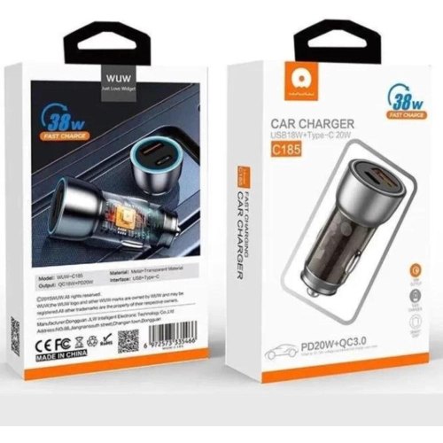 Автомобільний зарядний пристрій WUW C185, PD 20W, QC 3.0, black (6972573335466)