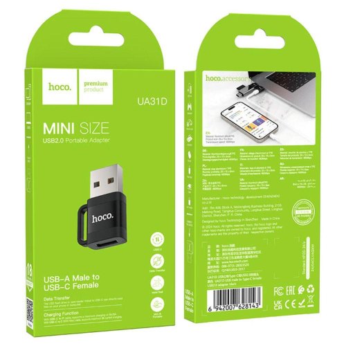 Адаптер (перехідник) Hoco UA31D, USB (M) to USB Type-C (F), USB 2.0, Black (6942007628143)