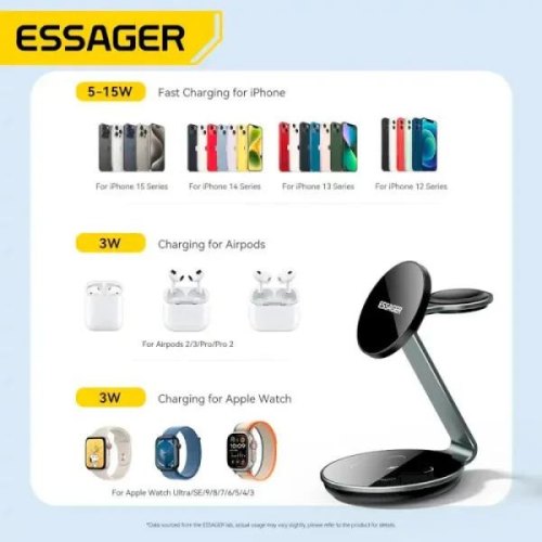 Бездротовий зарядний пристрій Essager, 3 in 1, black (EWXCX3-HY0G-Z)