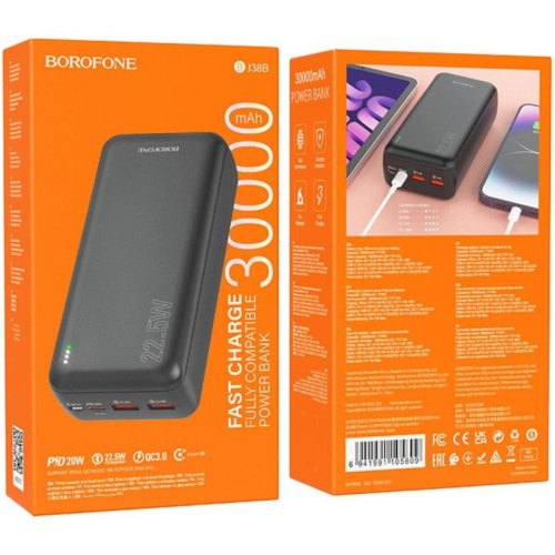 Зовнішній акумулятор Powerbank Borofone BJ38B Power, 30000mAh, 22.5W, PD 20W, Black (6941991105609)