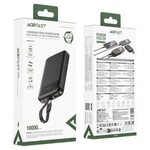 Зовнішній акумулятор Powerbank Acefast M13, 10000mAh, PD 22.5W, кабель, Black (6974316283959)