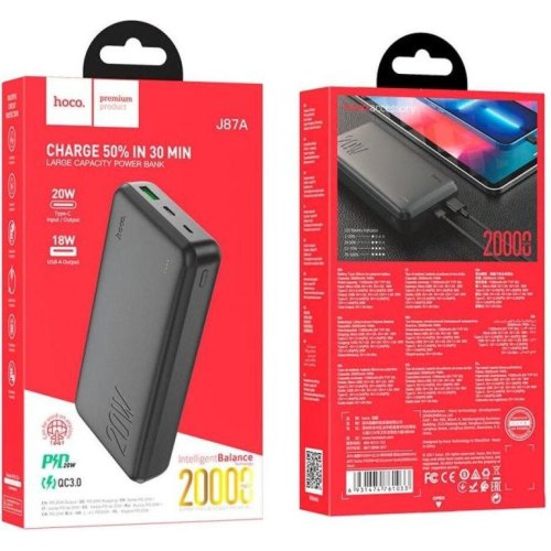 Зовнішній акумулятор Powerbank Hoco J87A Tacker, 20000mAh, PD 20W, QC 3.0, Black (6931474761033)