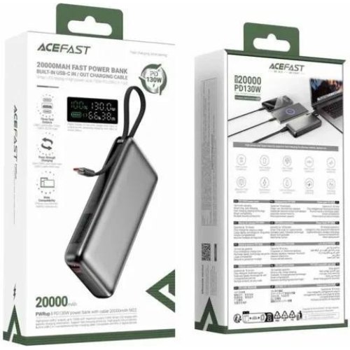 Зовнішній акумулятор Powerbank Acefast M22, 20000mAh, PD 130W, кабель, Black (6974316283904)