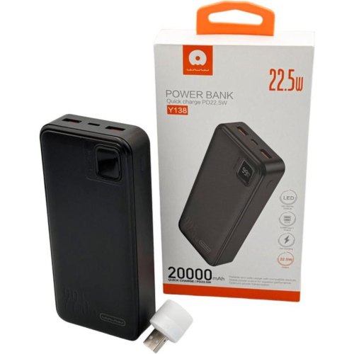 Зовнішній акумулятор Powerbank WUW Y138, 20000mAh, PD 22.5W, Black