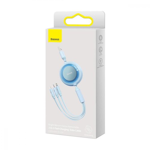 Кабель Baseus Bright Mirror 2 Series Retractable 3-in-1, USB Type-A to Micro USB/Lightning/USB Type-C, 3.5A, 1.1м, Sky Blue (CAMJ010017)