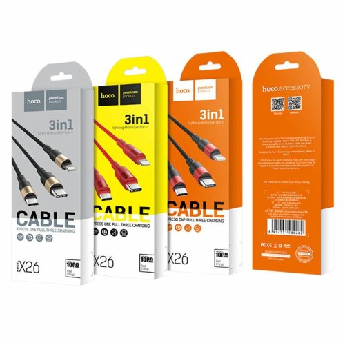 Кабель Hoco X26, USB Type-A to Lightning/USB Type-C/Micro USB, 2A, 1м, Black/Gold (6957531080275)