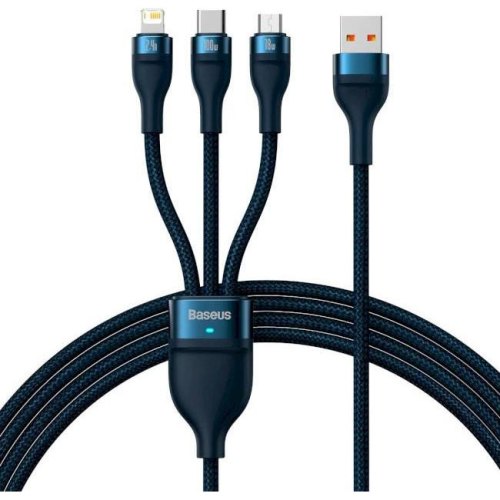 Кабель Baseus Flash Series II One-for-three Fast Charging Data Cable, USB Type-A to Micro USB/Lightning/USB Type-C, 100W, 1.2м, Blue (CASS030003)