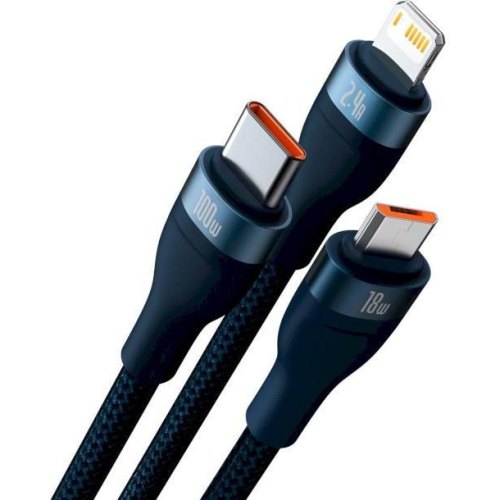 Кабель Baseus Flash Series II One-for-three Fast Charging Data Cable, USB Type-A to Micro USB/Lightning/USB Type-C, 100W, 1.2м, Blue (CASS030003)