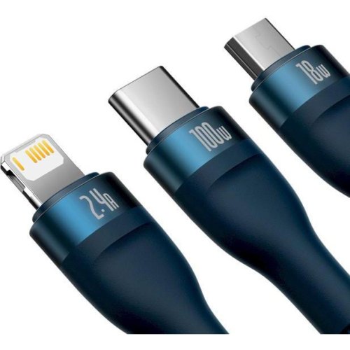 Кабель Baseus Flash Series II One-for-three Fast Charging Data Cable, USB Type-A to Micro USB/Lightning/USB Type-C, 100W, 1.2м, Blue (CASS030003)