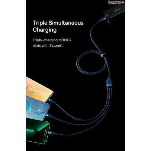 Кабель Baseus Flash Series II One-for-three Fast Charging Data Cable, USB Type-A to Micro USB/Lightning/USB Type-C, 100W, 1.2м, Blue (CASS030003)