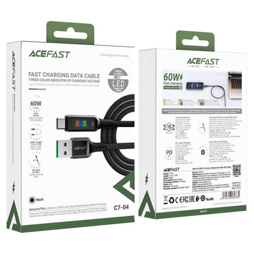 Кабель Acefact C7-04, USB Type-A to USB Type-C, 3A, 1.2м, LED, Black (6974316282785)