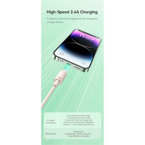 Кабель Baseus Habitat Series Fast Charging Cable, USB Type-A to Lightning, 2.4A, 2м, Wheat Pink (P10360200421-01)