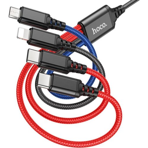 Кабель Hoco X76, USB Type-A to Lightning/2xUSB Type-C/Micro USB, 2A, 1м, Black/Red/Blue (6931474768650)