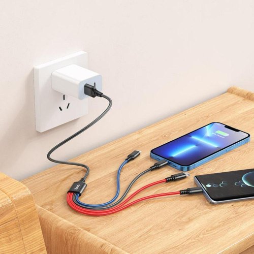 Кабель Hoco X76, USB Type-A to Lightning/2xUSB Type-C/Micro USB, 2A, 1м, Black/Red/Blue (6931474768650)