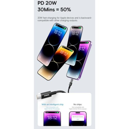 Кабель Baseus Gem Fast-Charging Data Cable, USB Type-C to Lightning, 20W, 2м, Nebula Purple (P10373001511-01)