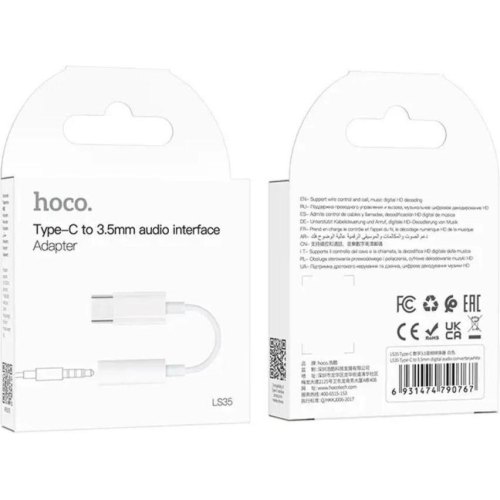 Кабель-перехiдник Hoco LS35, USB Type-C (M) to 3.5mm (F), White