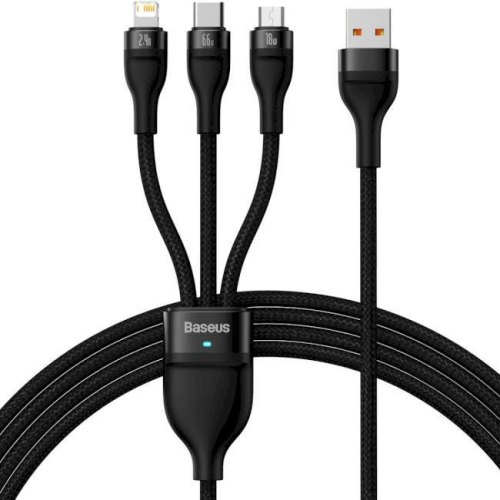 Кабель Baseus Flash Series II One-for-three Fast Charging Data Cable, USB Type-A to Micro USB/Lightning/USB Type-C, 66W, 1.2м, Black (CASS040001)