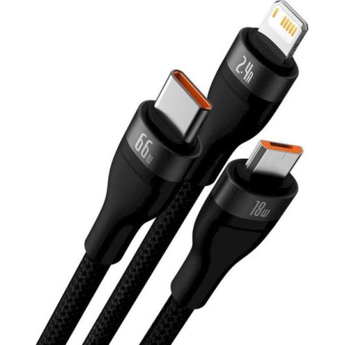 Кабель Baseus Flash Series II One-for-three Fast Charging Data Cable, USB Type-A to Micro USB/Lightning/USB Type-C, 66W, 1.2м, Black (CASS040001)