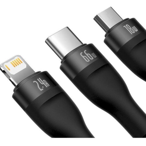 Кабель Baseus Flash Series II One-for-three Fast Charging Data Cable, USB Type-A to Micro USB/Lightning/USB Type-C, 66W, 1.2м, Black (CASS040001)