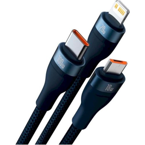 Кабель Baseus Flash Series II Two-for-three Charging Cable, USB Type-A/USB Type-C to Micro USB/Lightning/USB Type-C, 100W, 1.2м, Blue (CASS030103)
