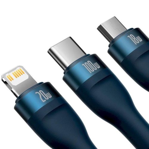 Кабель Baseus Flash Series II Two-for-three Charging Cable, USB Type-A/USB Type-C to Micro USB/Lightning/USB Type-C, 100W, 1.2м, Blue (CASS030103)