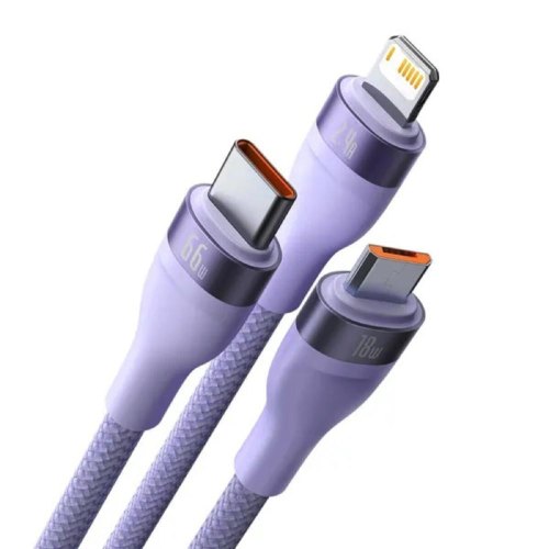 Кабель Baseus Flash Series II One-for-three Fast Charging Data Cable, USB Type-A to Micro USB/Lightning/USB Type-C, 66W, 1.2м, Purple (CASS040005)