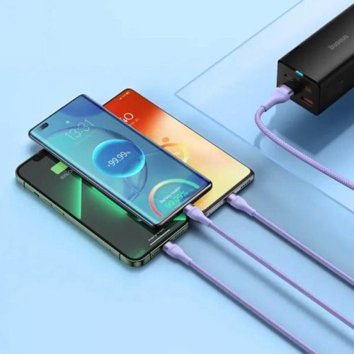Кабель Baseus Flash Series II One-for-three Fast Charging Data Cable, USB Type-A to Micro USB/Lightning/USB Type-C, 66W, 1.2м, Purple (CASS040005)