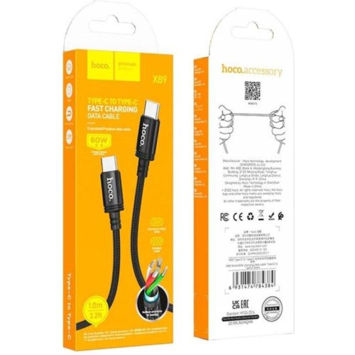 Кабель Hoco X89 Wind, USB Type-C to USB Type-C, 60W, Black (6931474784384)