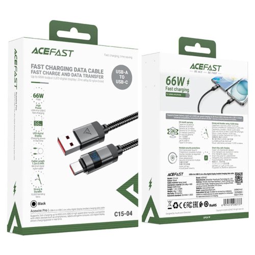 Кабель Acefact C15-04, USB Type-A to USB Type-C, Black (6974316283737)