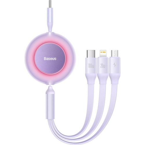 Кабель Baseus Bright Mirror 2 Series Retractable 3-in-1, USB Type-C to Micro USB/Lightning/USB Type-C, 100W, 1.1м, Purple (CAMJ010205)