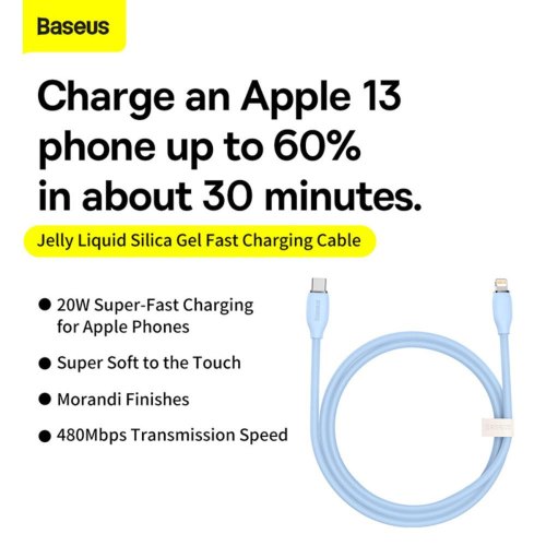 Кабель Baseus Jelly Liquid Silica Gel Fast Charging Data Cable, USB Type-C to Lightning, 20W, 1.2м, Blue (CAGD020003)