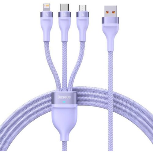 Кабель Baseus Flash Series II One-for-three Fast Charging Data Cable, USB Type-A to Micro USB/Lightning/USB Type-C, 100W, 1.2м, Purple (CASS030005)