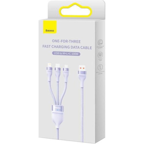 Кабель Baseus Flash Series II One-for-three Fast Charging Data Cable, USB Type-A to Micro USB/Lightning/USB Type-C, 100W, 1.2м, Purple (CASS030005)