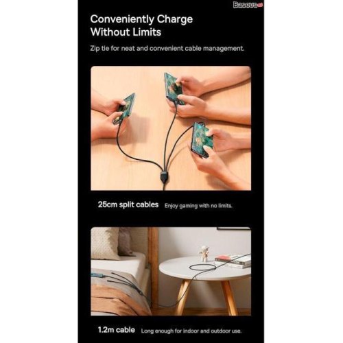 Кабель Baseus Flash Series II One-for-three Fast Charging Data Cable, USB Type-A to Micro USB/Lightning/USB Type-C, 100W, 1.2м, Purple (CASS030005)