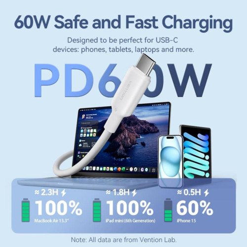 Кабель Vention, USB 2.0 Type-C to USB Type-C, 3A, 1м, White (TRCWF)