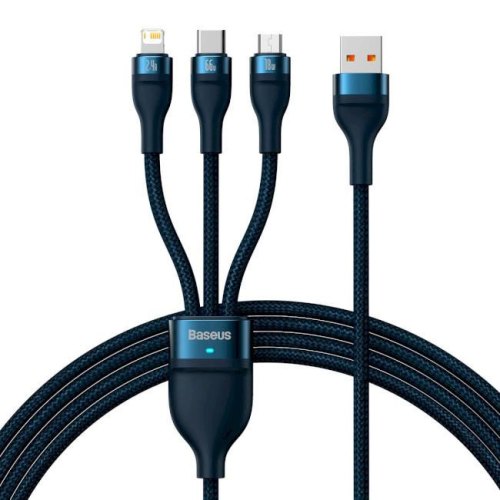 Кабель Baseus Flash Series II One-for-three Fast Charging Data Cable, USB Type-A to Micro USB/Lightning/USB Type-C, 66W, 1.2м, Blue (CASS040003)