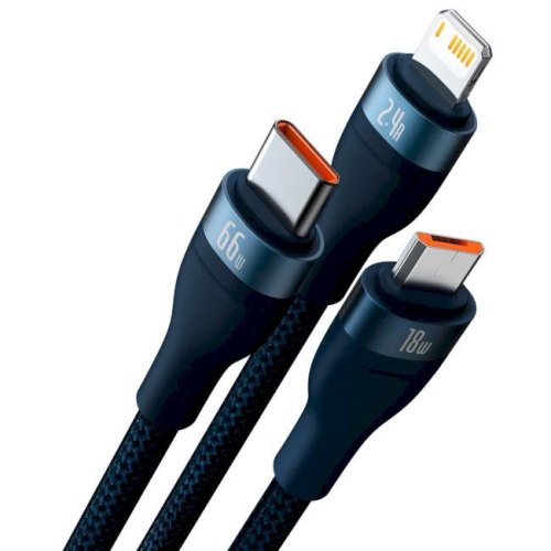 Кабель Baseus Flash Series II One-for-three Fast Charging Data Cable, USB Type-A to Micro USB/Lightning/USB Type-C, 66W, 1.2м, Blue (CASS040003)