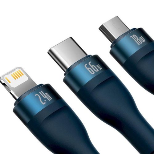 Кабель Baseus Flash Series II One-for-three Fast Charging Data Cable, USB Type-A to Micro USB/Lightning/USB Type-C, 66W, 1.2м, Blue (CASS040003)