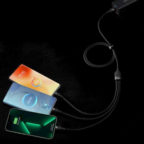 Кабель Baseus Flash Series II One-for-three Fast Charging Data Cable, USB Type-A to Micro USB/Lightning/USB Type-C, 66W, 1.2м, Blue (CASS040003)