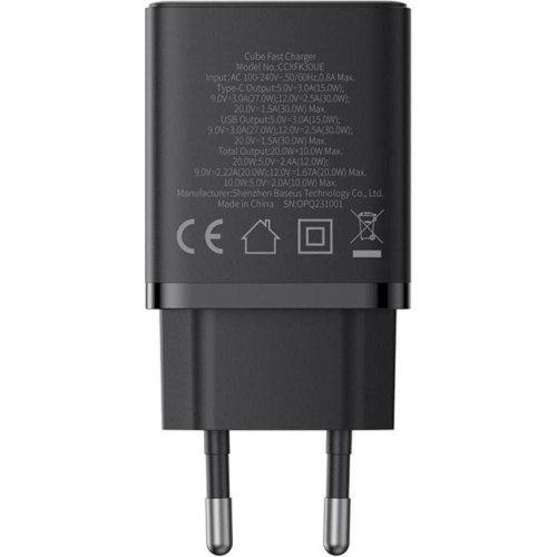 Мережевий зарядний пристрій Baseus Cube Fast Charger, USB Type-A/USB Type-C, 30W, EU, Cluster Black (P10111404113-00)