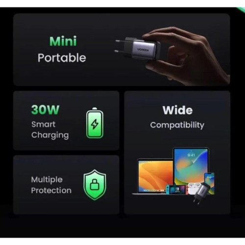 Мережевий зарядний пристрій Ugreen CD319, USB Type-C, GaN, 30W, EU, Space Gray (UGR-90666)