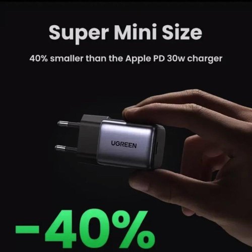 Мережевий зарядний пристрій Ugreen CD319, USB Type-C, GaN, 30W, EU, Space Gray (UGR-90666)