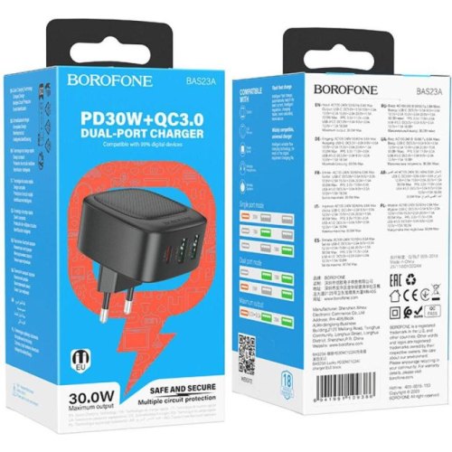 Мережевий зарядний пристрій Borofone BAS23A Lucky, PD 30W, 1xUSB Type-C/2xUSB Type-A, EU, Black (6941991109386)