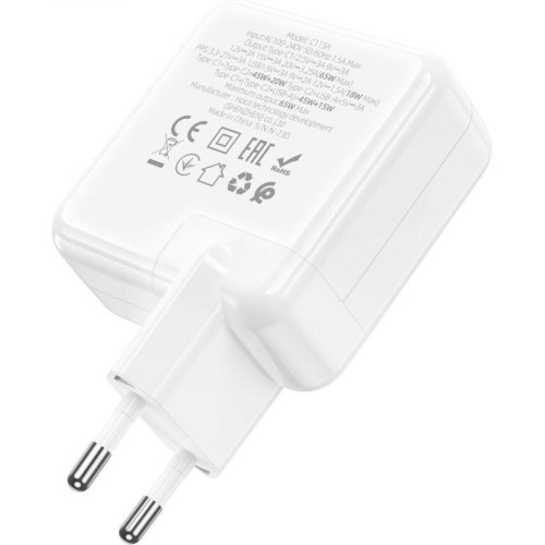 Мережевий зарядний пристрій Hoco C115A Header, 1xUSB Type-A/2xUSB Type-C, PD 65W, GaN, White (6931474798312)