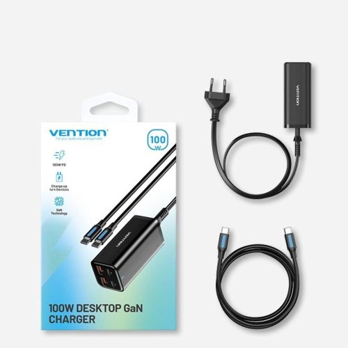 Мережевий зарядний пристрій Vention, 2xUSB Type-A/2xUSB Type-C, GaN, EU-Plug, Black (FBSBG-EU)
