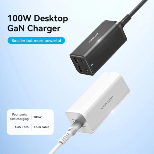 Мережевий зарядний пристрій Vention, 2xUSB Type-A/2xUSB Type-C, GaN, EU-Plug, Black (FBSBG-EU)