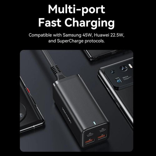 Мережевий зарядний пристрій Vention, 2xUSB Type-A/2xUSB Type-C, GaN, EU-Plug, Black (FBSBG-EU)
