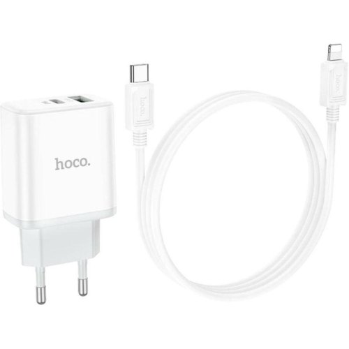 Мережевий зарядний пристрій Hoco C105A Stage, PD 20W, QC 3.0, кабель USB Type-C to Lightning, EU, White (6931474782939)