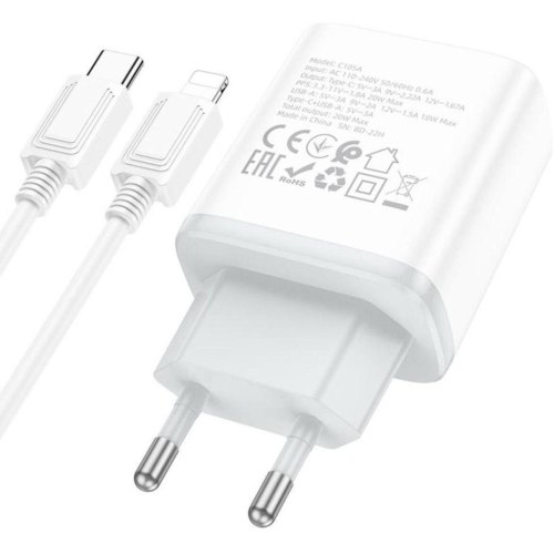 Мережевий зарядний пристрій Hoco C105A Stage, PD 20W, QC 3.0, кабель USB Type-C to Lightning, EU, White (6931474782939)