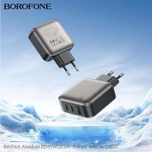 Мережевий зарядний пристрій Borofone BAS56A Absolute, 2xUSB Type-C/1xUSB Type-A, PD 45W, кабель USB Type-C to USB Type-C, EU, Black (6941991116278)